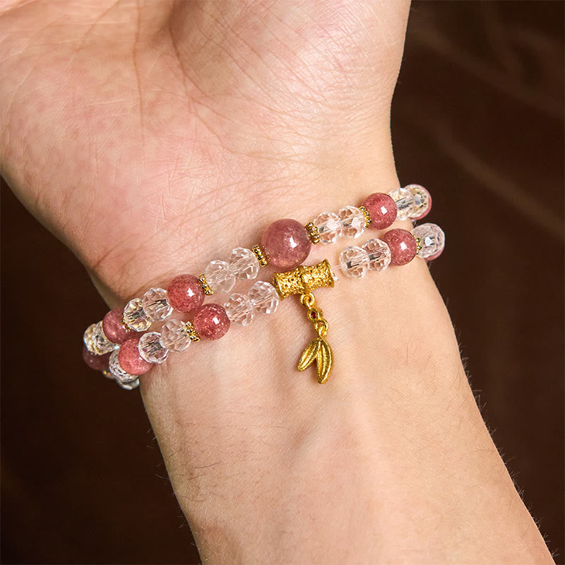 Fortune Jewel Natural Strawberry Quartz Crystal Bamboo Positive Double Wrap Bracelet