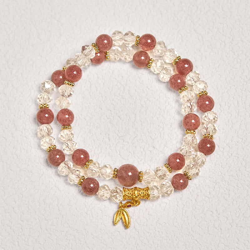 Fortune Jewel Natural Strawberry Quartz Crystal Bamboo Positive Double Wrap Bracelet