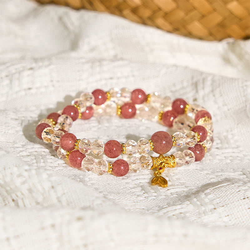 Fortune Jewel Natural Strawberry Quartz Crystal Bamboo Positive Double Wrap Bracelet