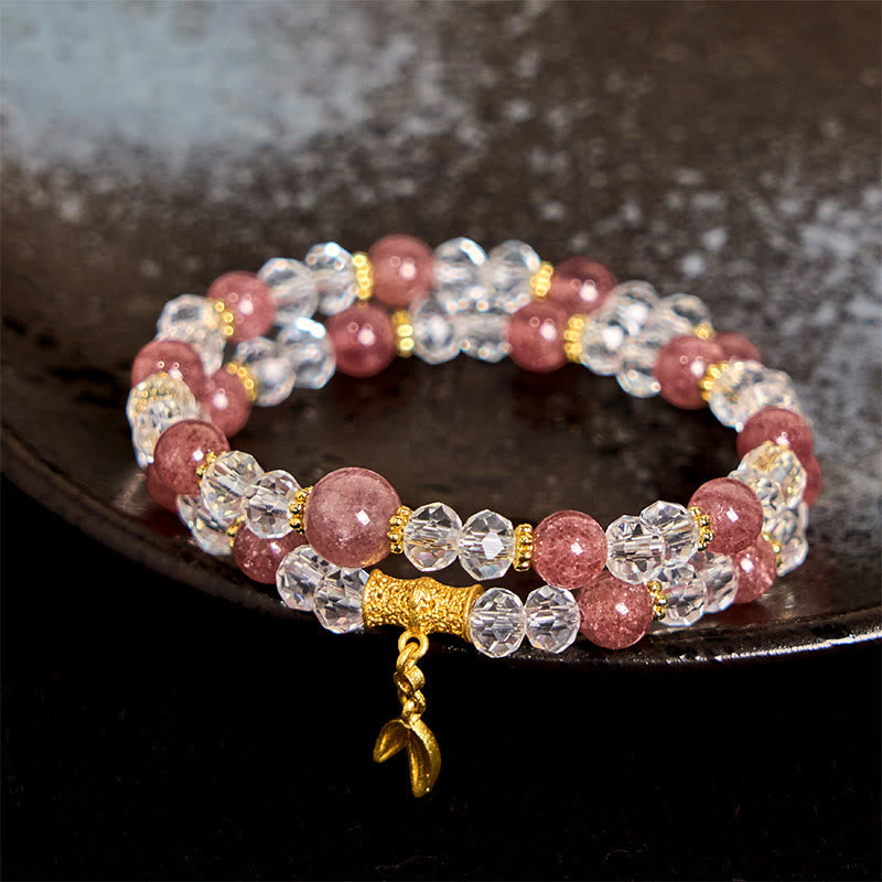 Fortune Jewel Natural Strawberry Quartz Crystal Bamboo Positive Double Wrap Bracelet