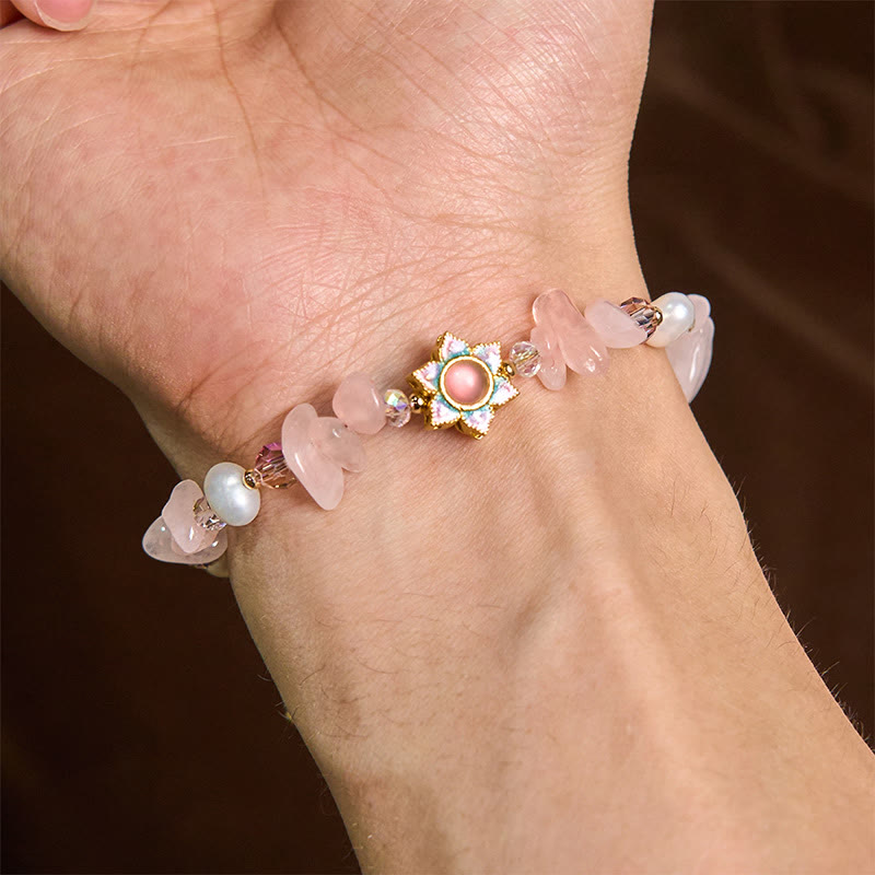 Fortune Jewel Natural Gravel Rose Quartz Flower Pearl Healing Bracelet