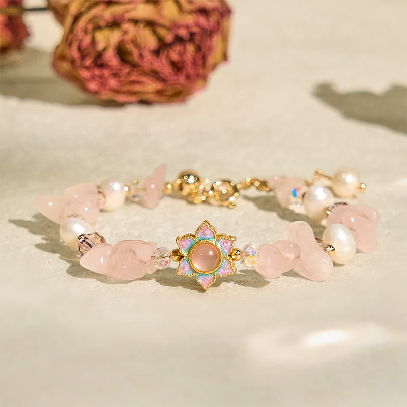 Fortune Jewel Natural Gravel Rose Quartz Flower Pearl Healing Bracelet