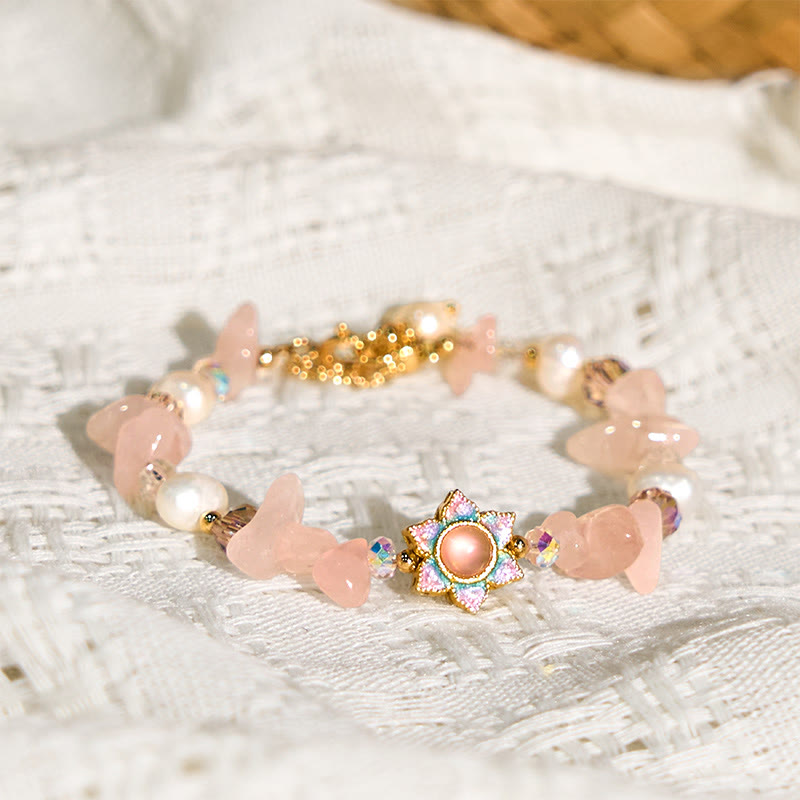 Fortune Jewel Natural Gravel Rose Quartz Flower Pearl Healing Bracelet