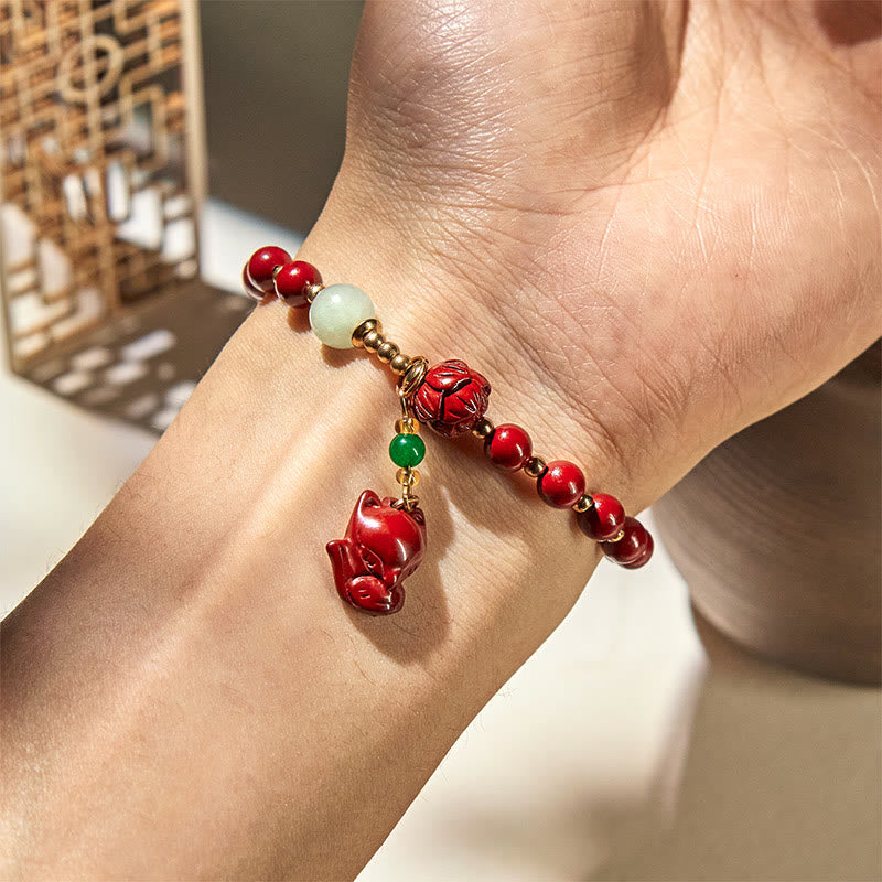Fortune Jewel Cinnabar Lotus Cute Fox Charm Blessing Bracelet
