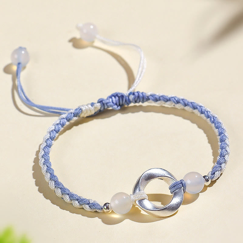 Fortune Jewel 925 Sterling Silver Mobius White Agate Bead Braided String Protection Bracelet