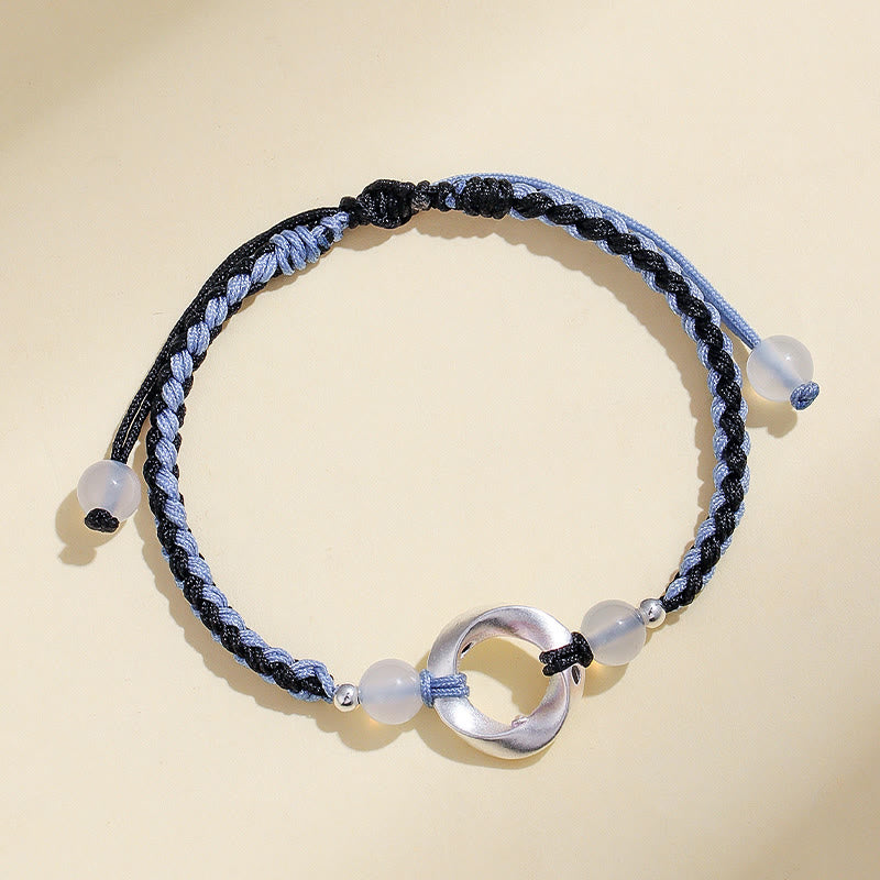 Fortune Jewel 925 Sterling Silver Mobius White Agate Bead Braided String Protection Bracelet