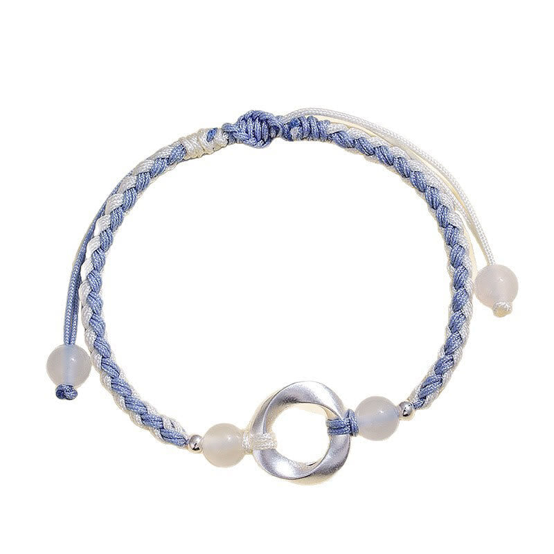 Fortune Jewel 925 Sterling Silver Mobius White Agate Bead Braided String Protection Bracelet