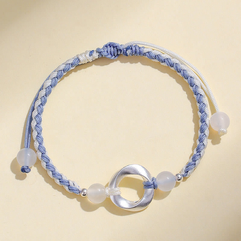 Fortune Jewel 925 Sterling Silver Mobius White Agate Bead Braided String Protection Bracelet