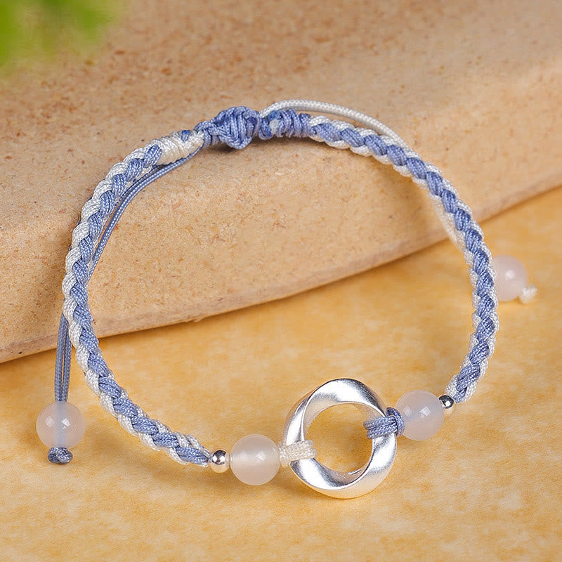 Fortune Jewel 925 Sterling Silver Mobius White Agate Bead Braided String Protection Bracelet