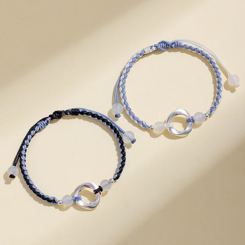 Fortune Jewel 925 Sterling Silver Mobius White Agate Bead Braided String Protection Bracelet