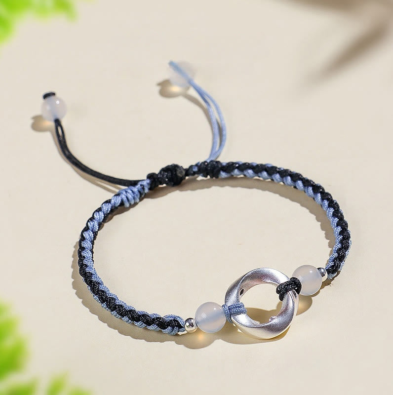 Fortune Jewel 925 Sterling Silver Mobius White Agate Bead Braided String Protection Bracelet