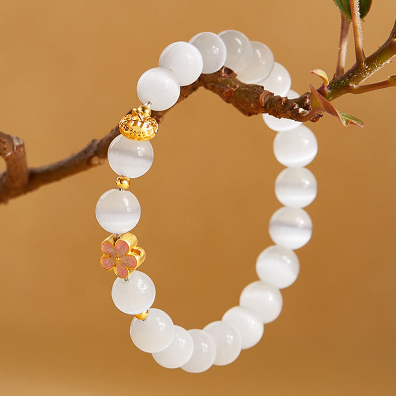 Fortune Jewel 925 Sterling Silver Peach Blossom Lucky Bag White Cat's Eye Luck Bracelet