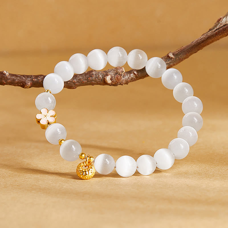 Fortune Jewel 925 Sterling Silver Peach Blossom Lucky Bag White Cat's Eye Luck Bracelet
