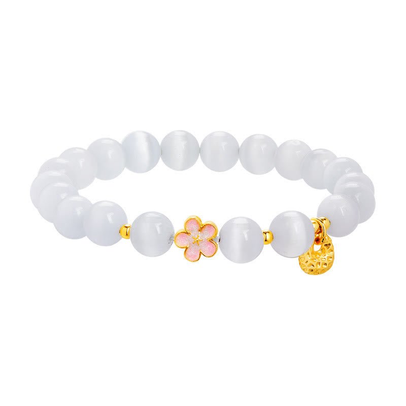 Fortune Jewel 925 Sterling Silver Peach Blossom Lucky Bag White Cat's Eye Luck Bracelet