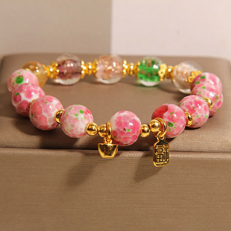 Fortune Jewel Fu Character Pink Liuli Luck Bracelet
