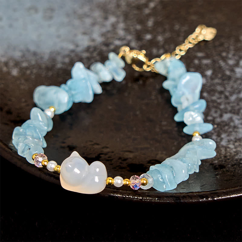 Fortune Jewel Natural Irregular Aquamarine Cute Cat Healing Bracelet