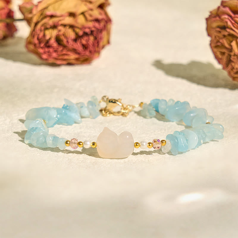 Fortune Jewel Natural Irregular Aquamarine Cute Cat Healing Bracelet