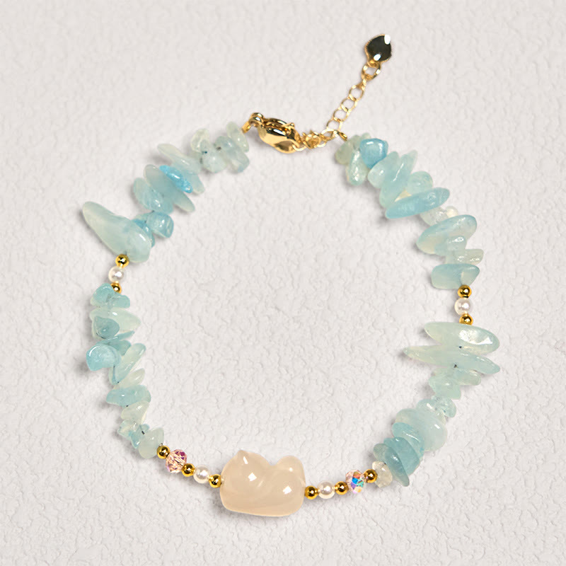 Fortune Jewel Natural Irregular Aquamarine Cute Cat Healing Bracelet