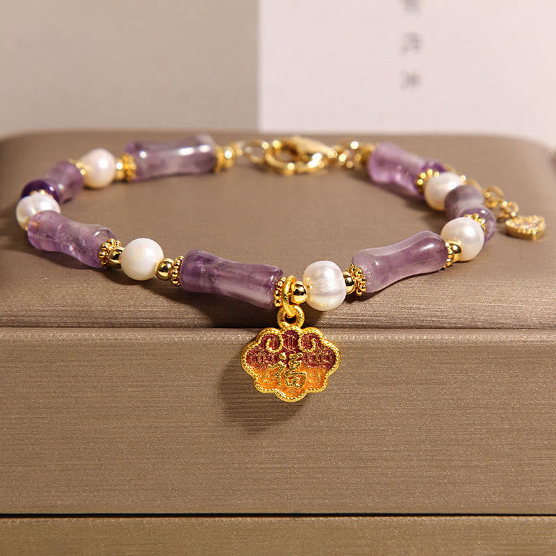Fortune Jewel Natural Peace Lock Bamboo Shape Fu Character Amethyst Pearl Balance Bracelet