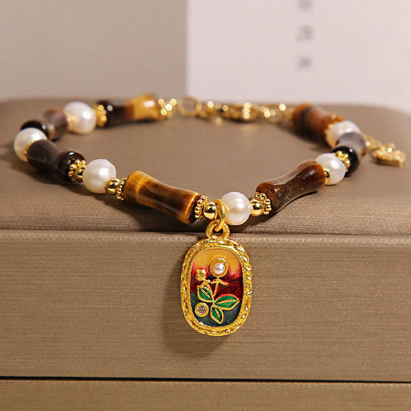 Fortune Jewel Natural Bamboo Tiger Eye Pearl Strength Bracelet