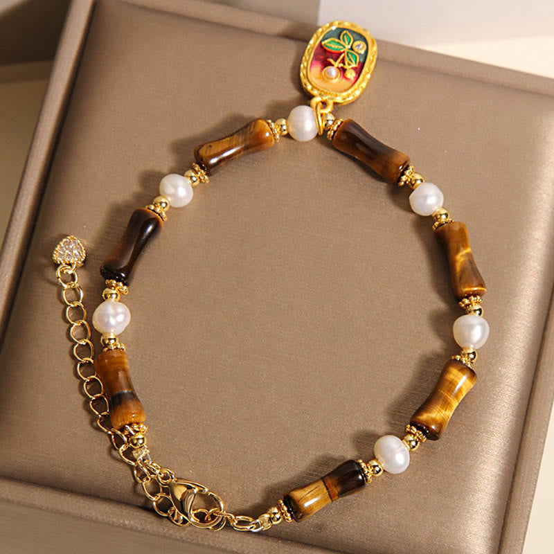 Fortune Jewel Natural Bamboo Tiger Eye Pearl Strength Bracelet