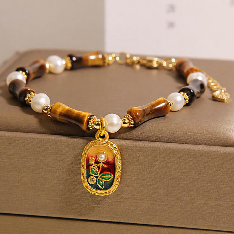 Fortune Jewel Natural Bamboo Tiger Eye Pearl Strength Bracelet