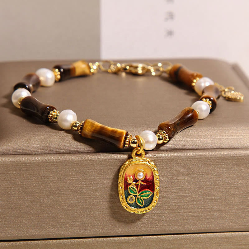 Fortune Jewel Natural Bamboo Tiger Eye Pearl Strength Bracelet
