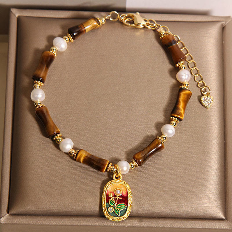 Fortune Jewel Natural Bamboo Tiger Eye Pearl Strength Bracelet