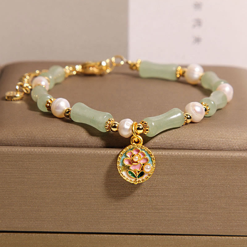 Fortune Jewel Natural Bamboo Flower Green Aventurine Pearl Balance Bracelet