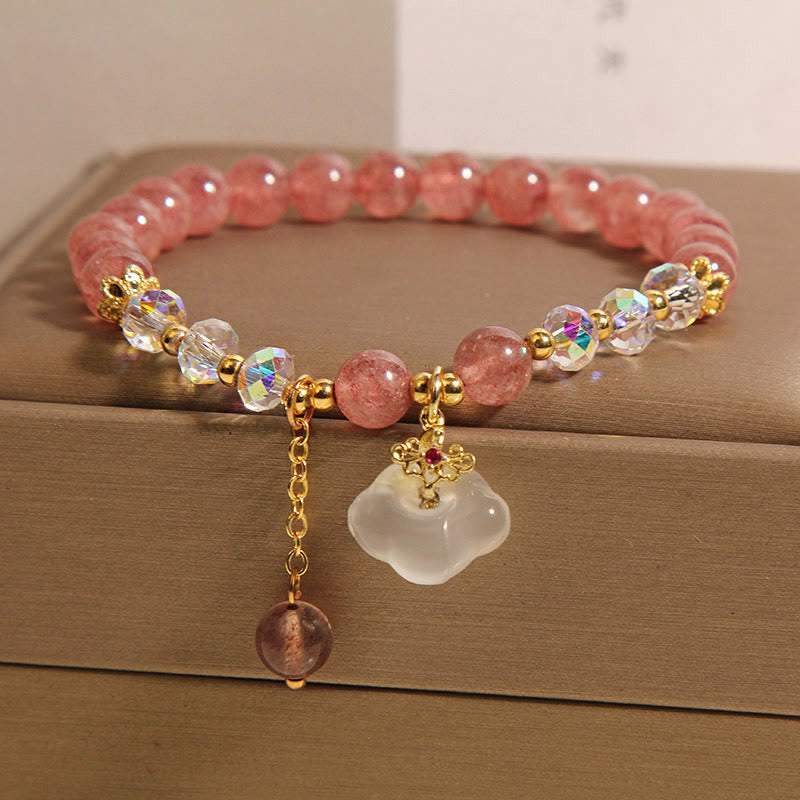 Fortune Jewel Auspicious Clouds Strawberry Quartz White Agate White Crystal Positive Bracelet
