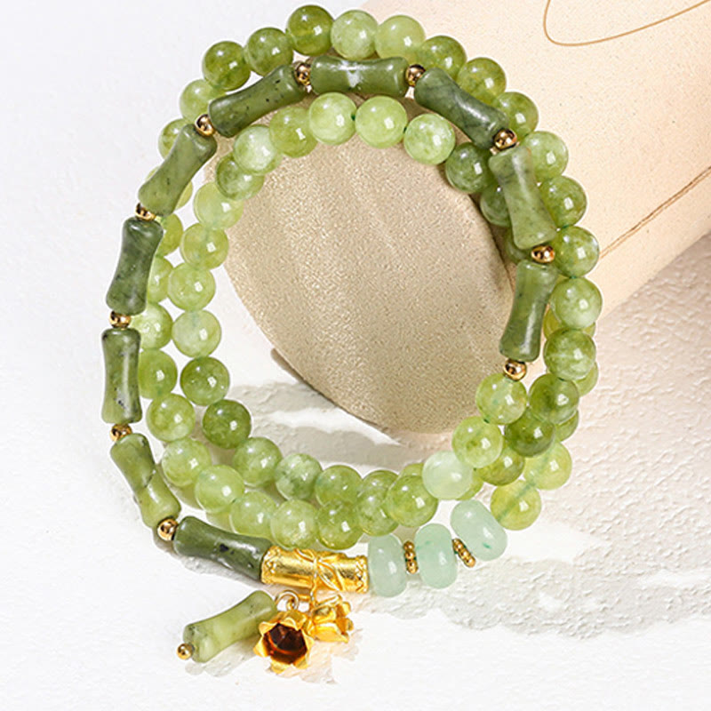 Fortune Jewel Retro Multilayer Lily of the Valley Bamboo Green Chalcedony Strength Bracelet