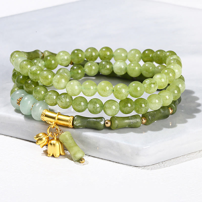 Fortune Jewel Retro Multilayer Lily of the Valley Bamboo Green Chalcedony Strength Bracelet