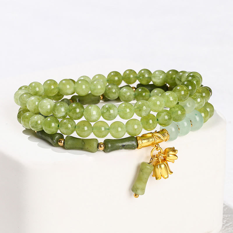 Fortune Jewel Retro Multilayer Lily of the Valley Bamboo Green Chalcedony Strength Bracelet