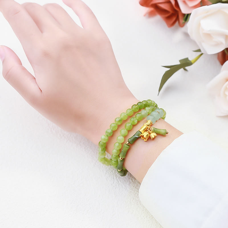 Fortune Jewel Retro Multilayer Lily of the Valley Bamboo Green Chalcedony Strength Bracelet