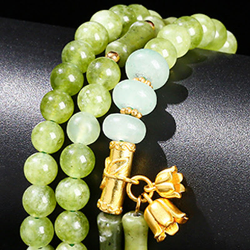Fortune Jewel Retro Multilayer Lily of the Valley Bamboo Green Chalcedony Strength Bracelet
