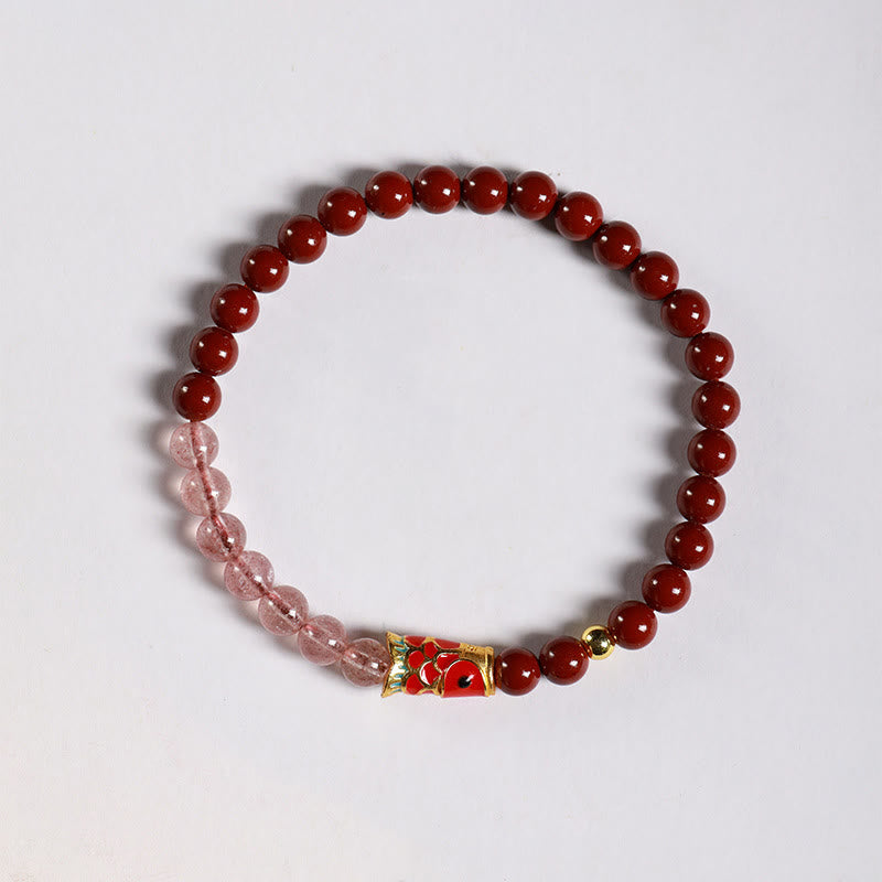 Fortune Jewel Natural Cinnabar Pink Crystal Strawberry Quartz Lucky Koi Fish Blessing Bracelet