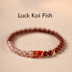 Fortune Jewel Natural Cinnabar Pink Crystal Strawberry Quartz Lucky Koi Fish Blessing Bracelet