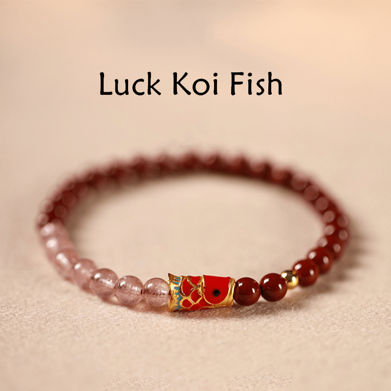 Fortune Jewel Natural Cinnabar Pink Crystal Strawberry Quartz Lucky Koi Fish Blessing Bracelet