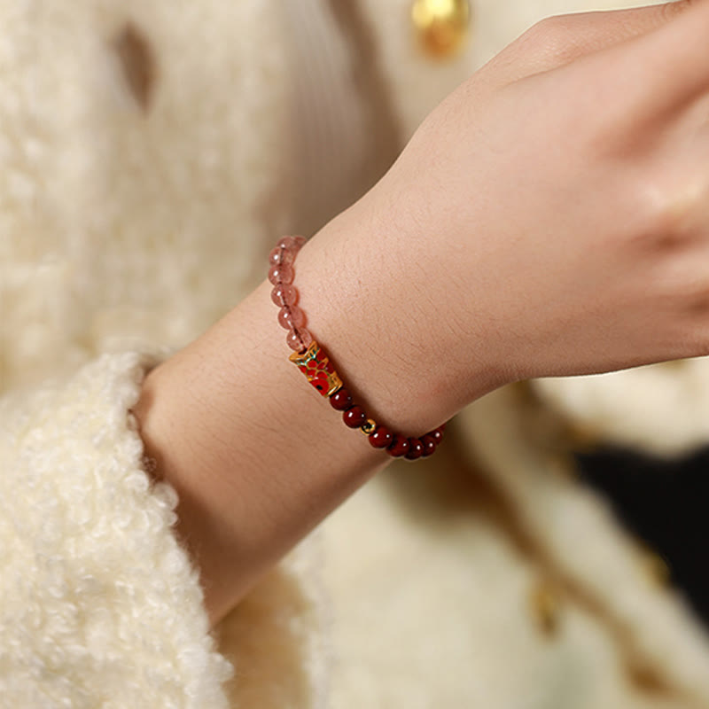 Fortune Jewel Natural Cinnabar Pink Crystal Strawberry Quartz Lucky Koi Fish Blessing Bracelet