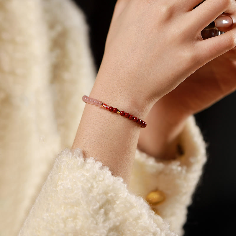 Fortune Jewel Natural Cinnabar Pink Crystal Strawberry Quartz Lucky Koi Fish Blessing Bracelet