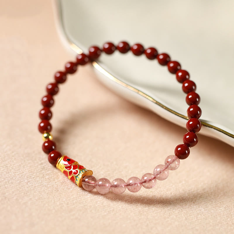Fortune Jewel Natural Cinnabar Pink Crystal Strawberry Quartz Lucky Koi Fish Blessing Bracelet