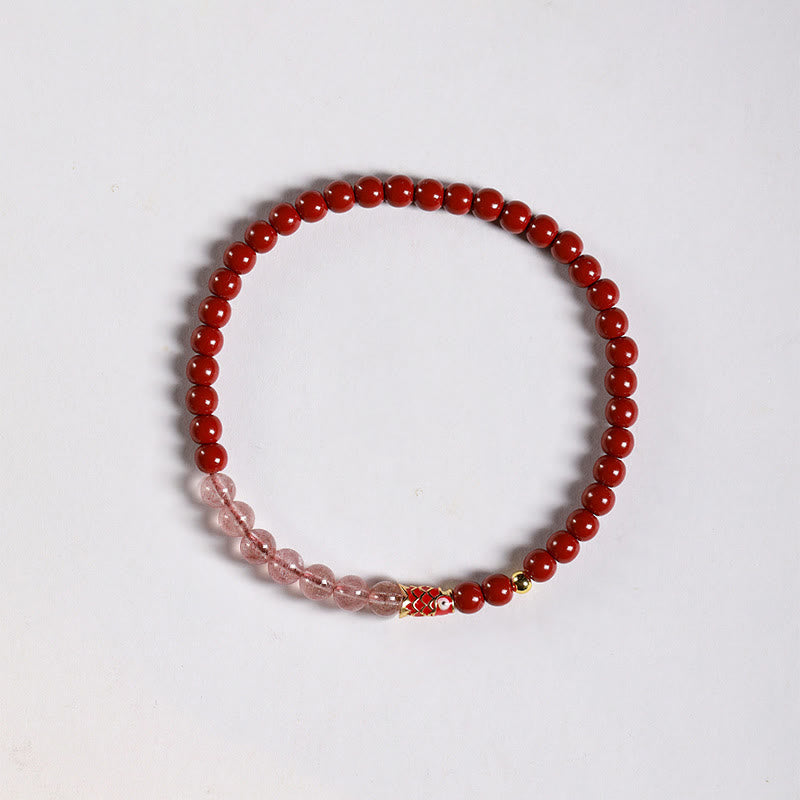 Fortune Jewel Natural Cinnabar Pink Crystal Strawberry Quartz Lucky Koi Fish Blessing Bracelet