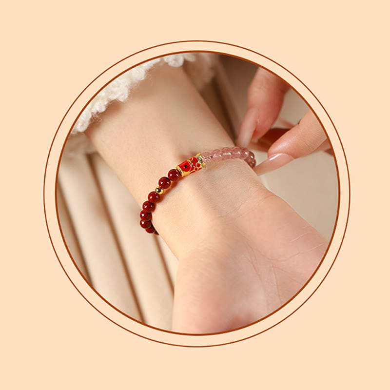 Fortune Jewel Natural Cinnabar Pink Crystal Strawberry Quartz Lucky Koi Fish Blessing Bracelet