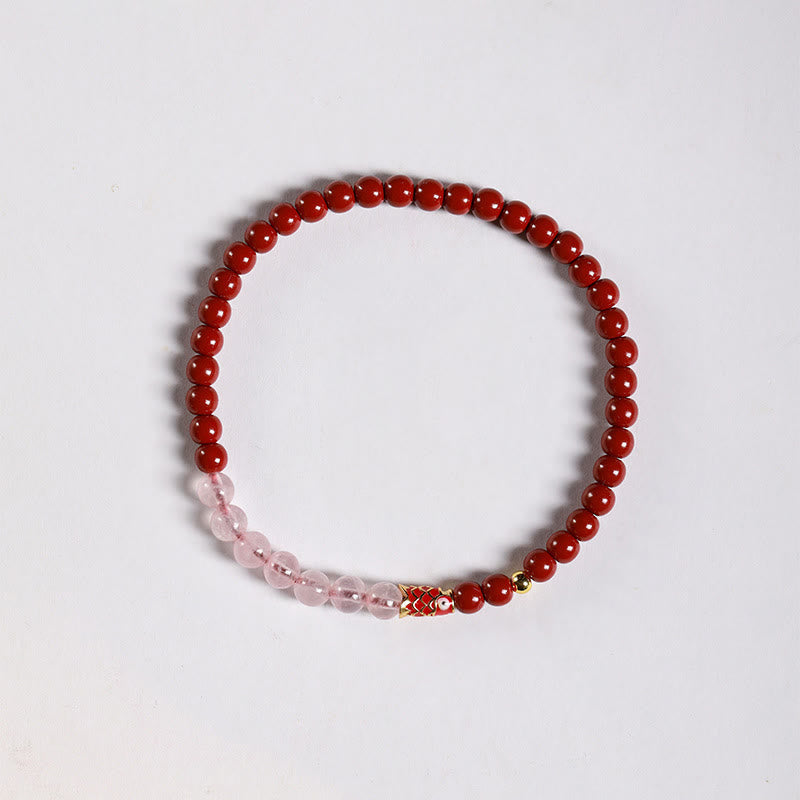 Fortune Jewel Natural Cinnabar Pink Crystal Strawberry Quartz Lucky Koi Fish Blessing Bracelet