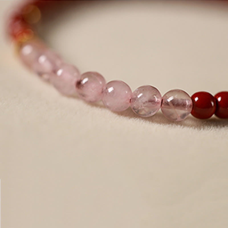 Fortune Jewel Natural Cinnabar Pink Crystal Strawberry Quartz Lucky Koi Fish Blessing Bracelet