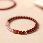 Fortune Jewel Natural Cinnabar Pink Crystal Strawberry Quartz Lucky Koi Fish Blessing Bracelet