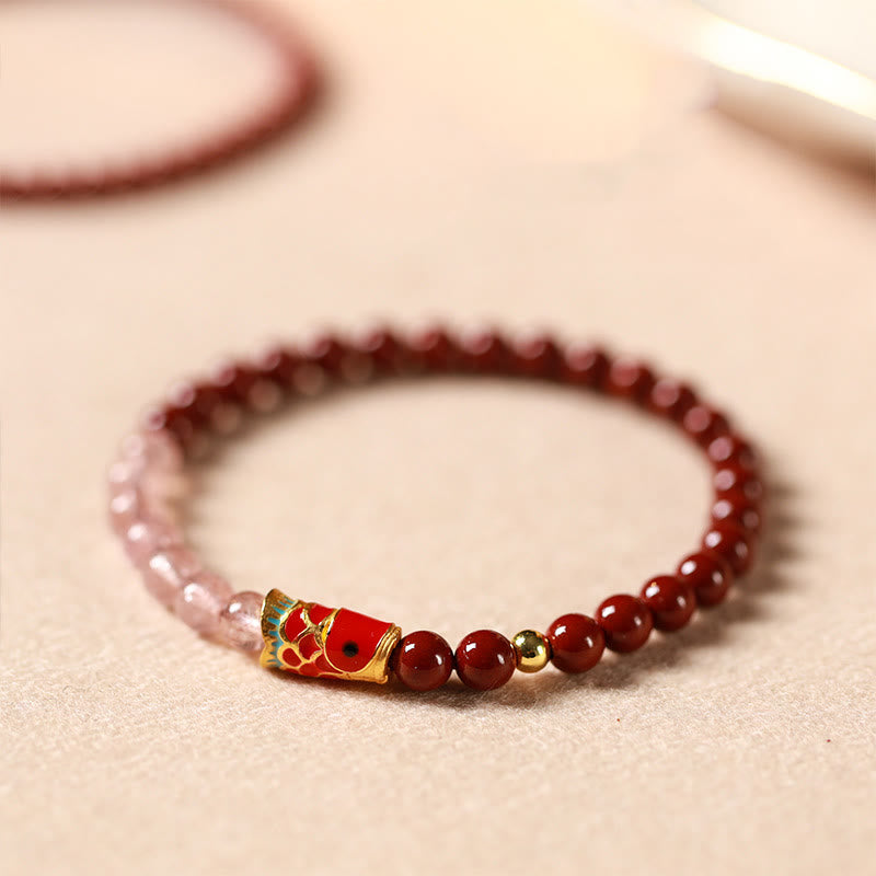 Fortune Jewel Natural Cinnabar Pink Crystal Strawberry Quartz Lucky Koi Fish Blessing Bracelet