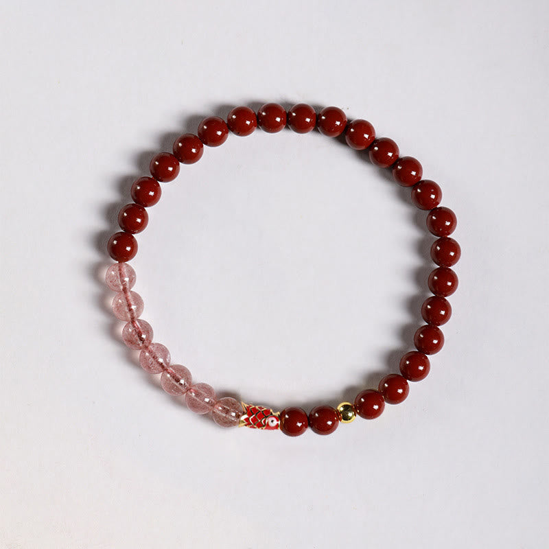Fortune Jewel Natural Cinnabar Pink Crystal Strawberry Quartz Lucky Koi Fish Blessing Bracelet