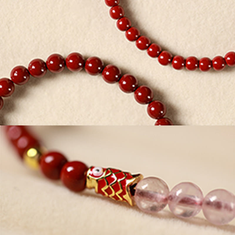Fortune Jewel Natural Cinnabar Pink Crystal Strawberry Quartz Lucky Koi Fish Blessing Bracelet
