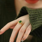 Buddha Stones Vintage Gourd Green Chalcedony Copper Plated Gold Adjustable Wealth Ring
